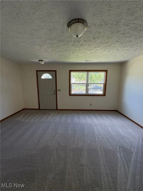 Foyer entrance with carpet floors and a textured ceiling