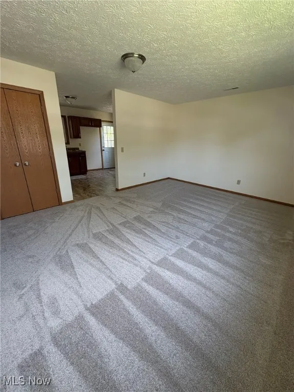 Unfurnished room featuring carpet flooring and a textured ceiling