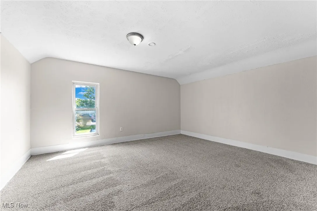 Additional living space featuring vaulted ceiling, carpet floors, and a textured ceiling