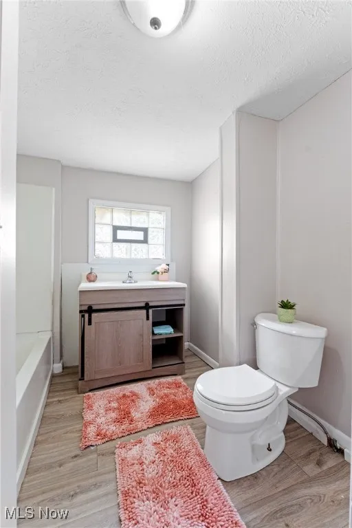 Full bathroom featuring a textured ceiling, wood finished floors, a bath, and vanity