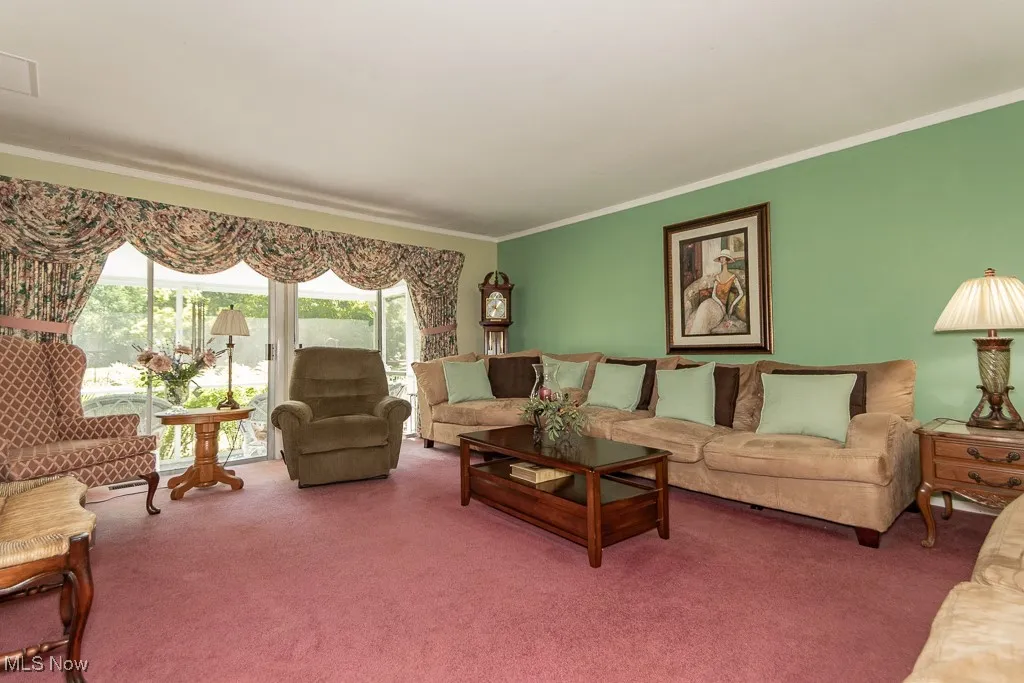 Carpeted living area featuring ornamental molding