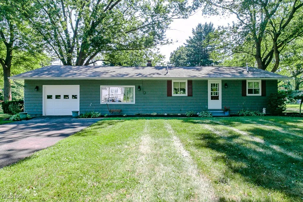 Ranch-style house featuring a garage, entry steps, driveway, a front lawn, and a chimney