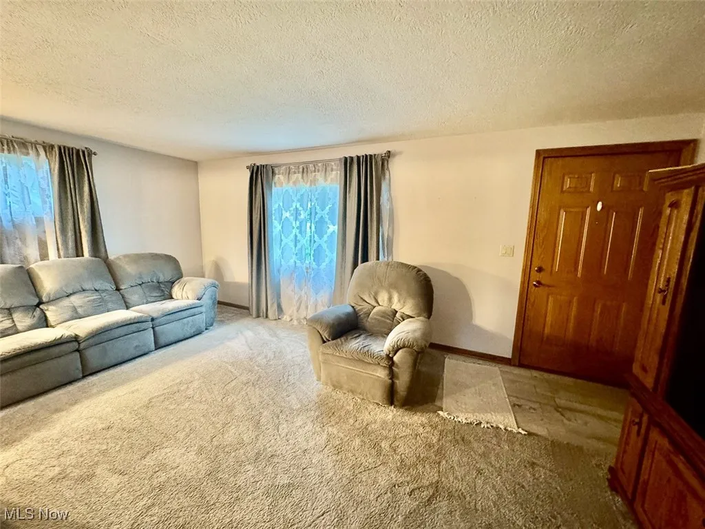 Living room with a textured ceiling and carpet flooring