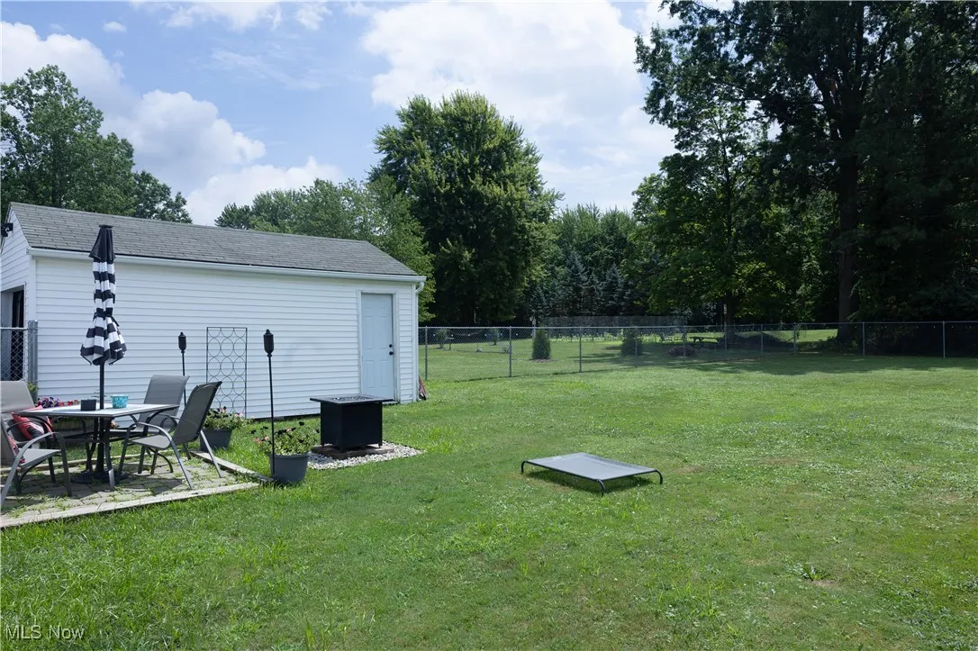 Fenced backyard featuring view of wooded area