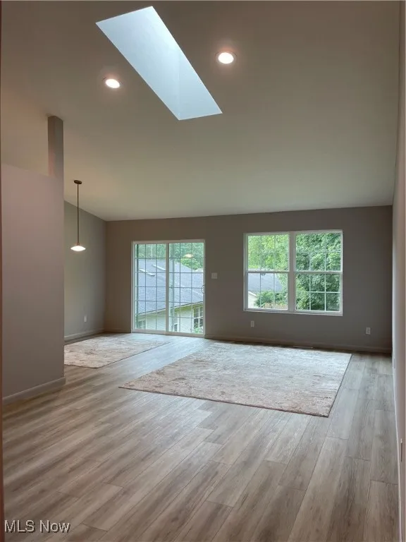 Spare room featuring a skylight, wood finished floors, and recessed lighting