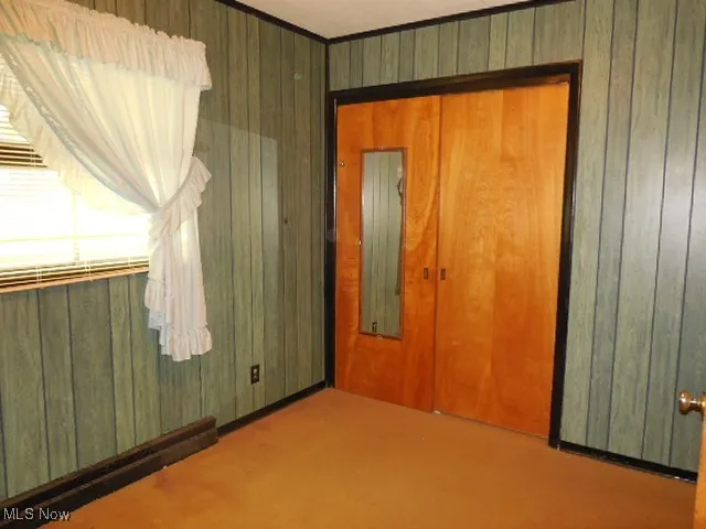 Carpeted spare room with wooden walls