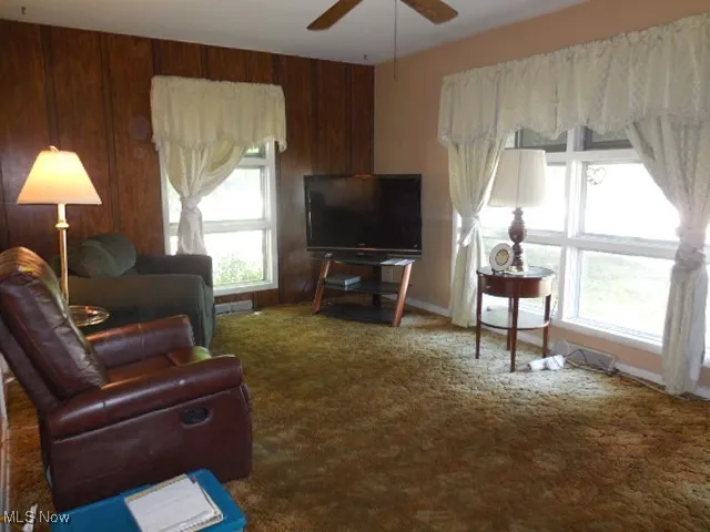 Living area with carpet flooring, wooden walls, and a ceiling fan