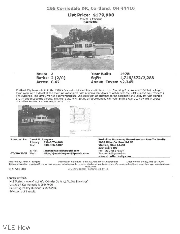 266 Corriedale Drive, Cortland, Ohio,MLS Now Listing ID