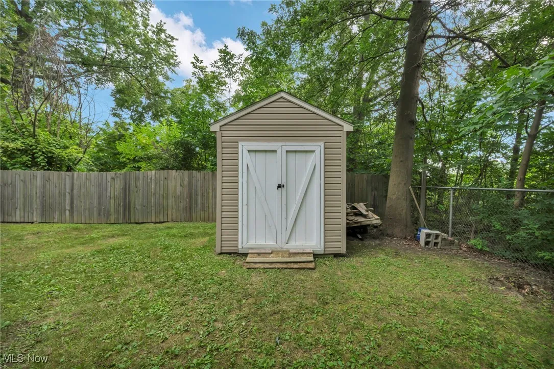 View of shed with a fenced backyard