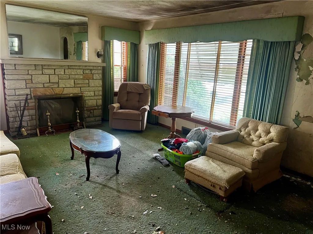 Carpeted living room featuring plenty of natural light and a fireplace