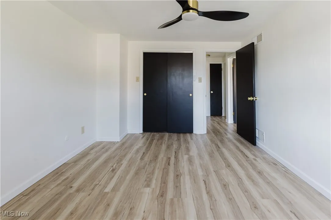 Empty room with a ceiling fan and light wood-type flooring