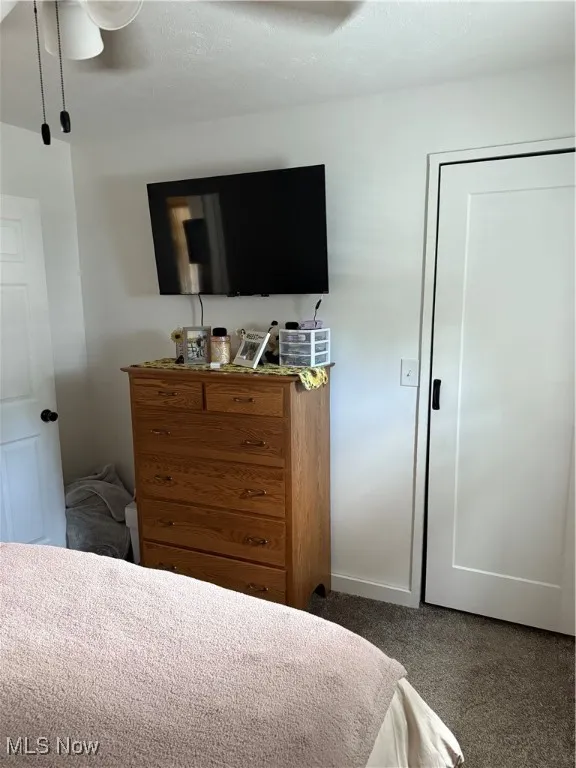 Carpeted bedroom featuring ceiling fan