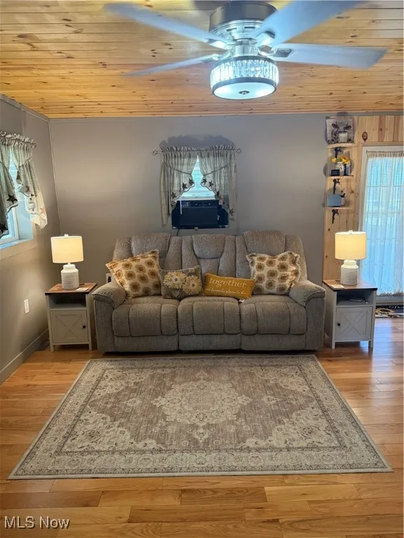 Living room featuring a ceiling fan, wood ceiling, and hardwood / wood-style flooring