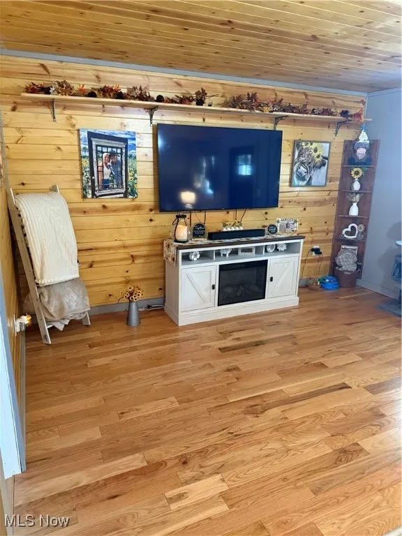 Living room with wooden ceiling, wooden walls, and light wood-type flooring
