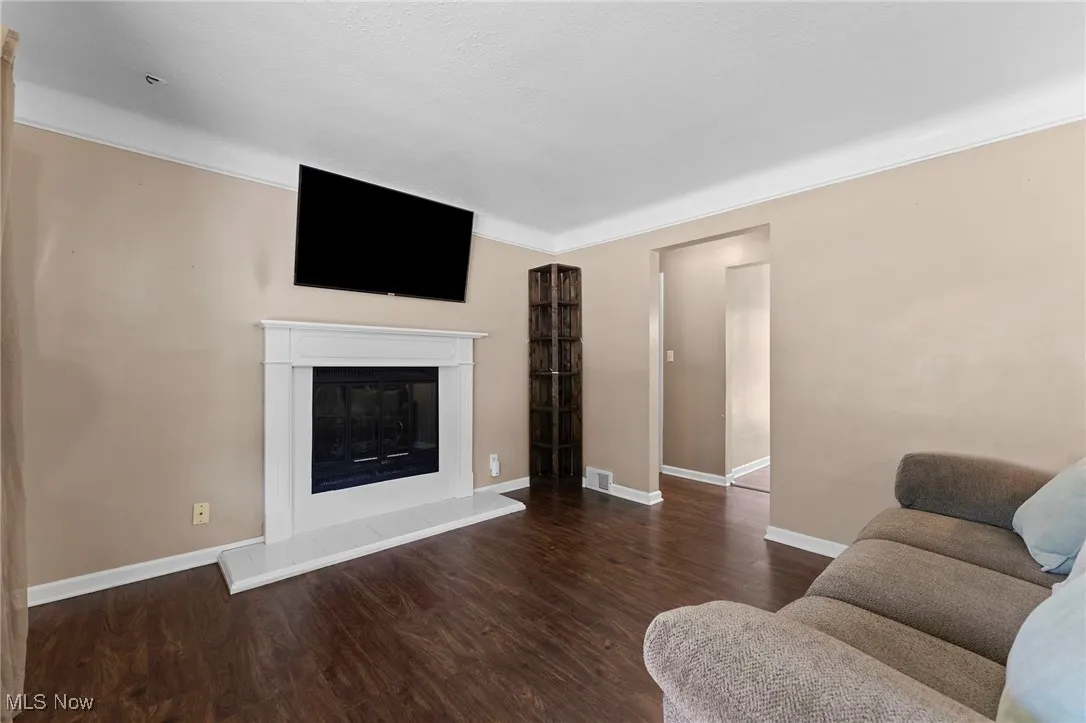 Living area featuring wood style floors and a glass covered fireplace