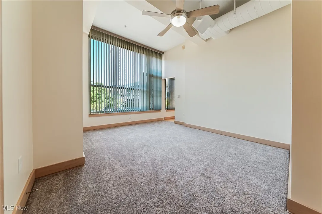 Carpeted bedroom with walk-in closet and ceiling fan.