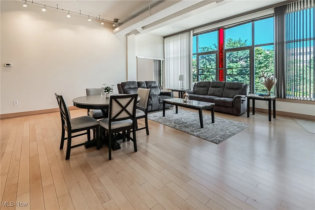 Dining area featuring track lighting and light wood-style flooring.