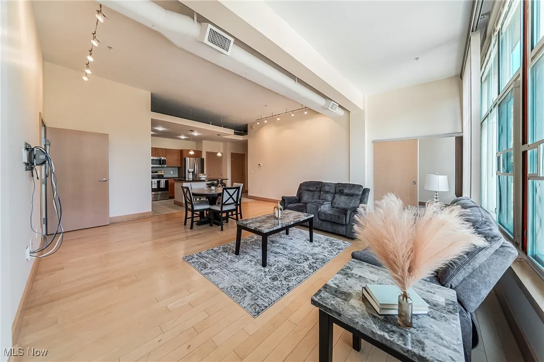 Great room featuring track lighting and light wood finished floors.