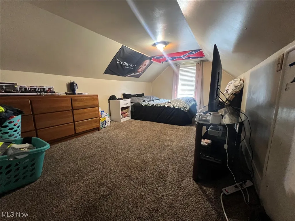Carpeted bedroom with vaulted ceiling