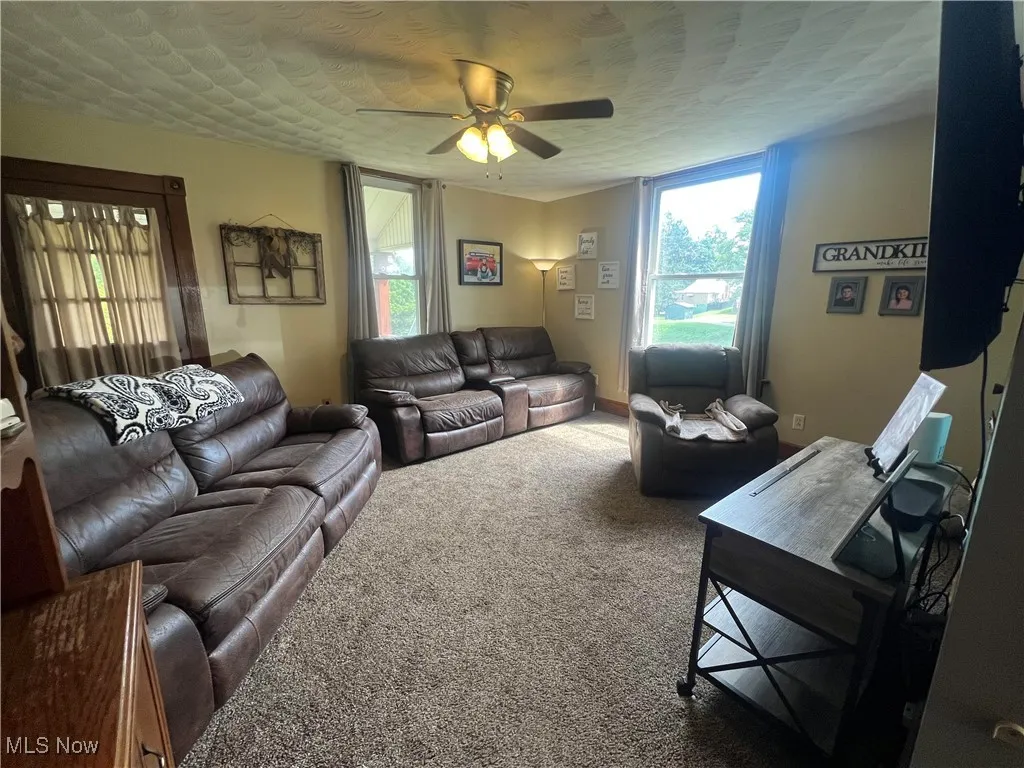 Carpeted living room featuring ceiling fan and a textured ceiling