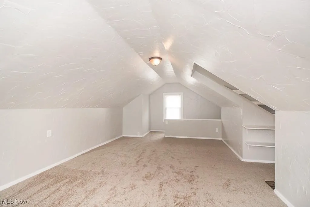 Additional living space featuring carpet flooring and vaulted ceiling
