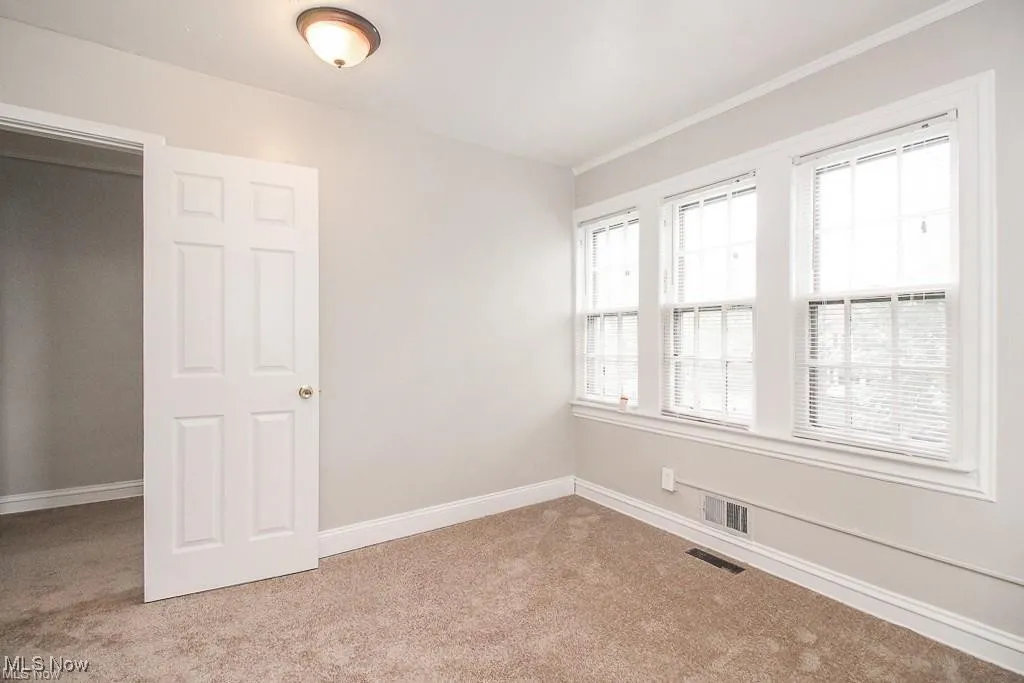 Unfurnished room with carpet floors and crown molding