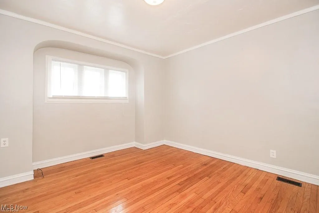 Unfurnished room with crown molding and light wood-style floors