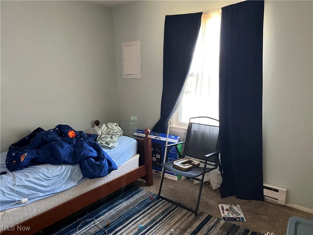 Carpeted bedroom with multiple windows and a baseboard radiator