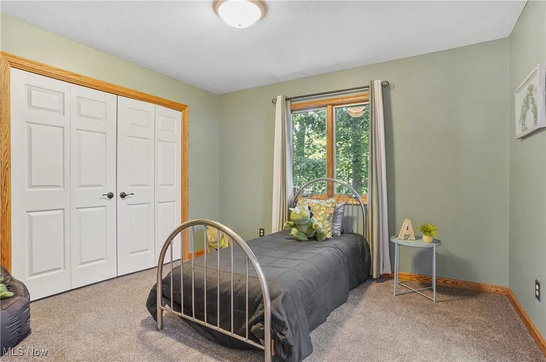 Bedroom featuring carpet flooring and a closet