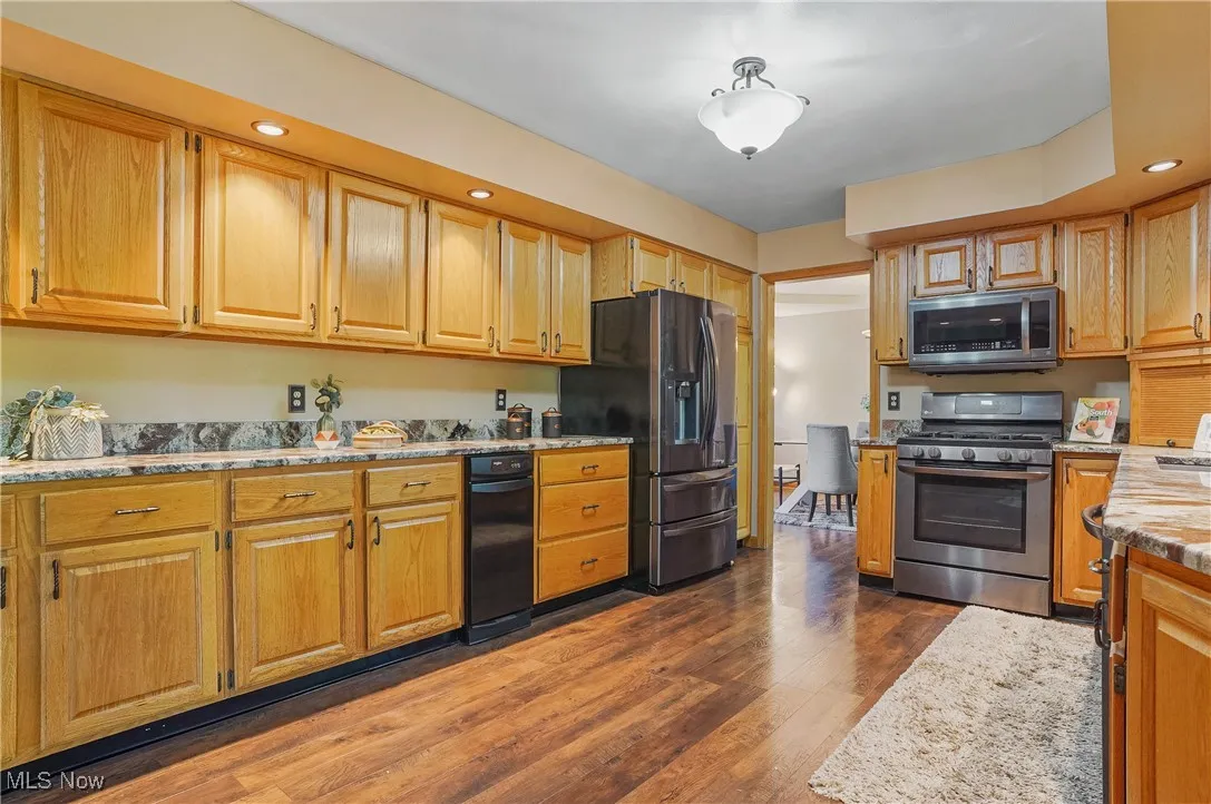 Kitchen with stainless steel appliances, recessed lighting, dark wood-style flooring, and light stone countertops