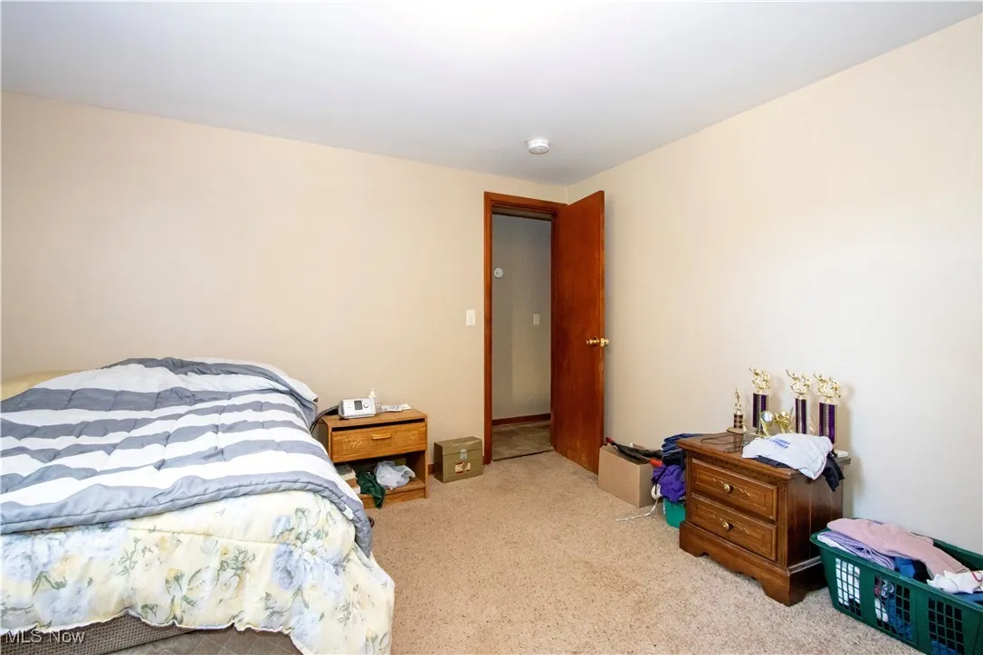 Bedroom with light colored carpet