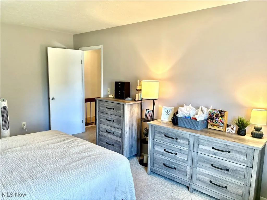 Bedroom featuring light carpet