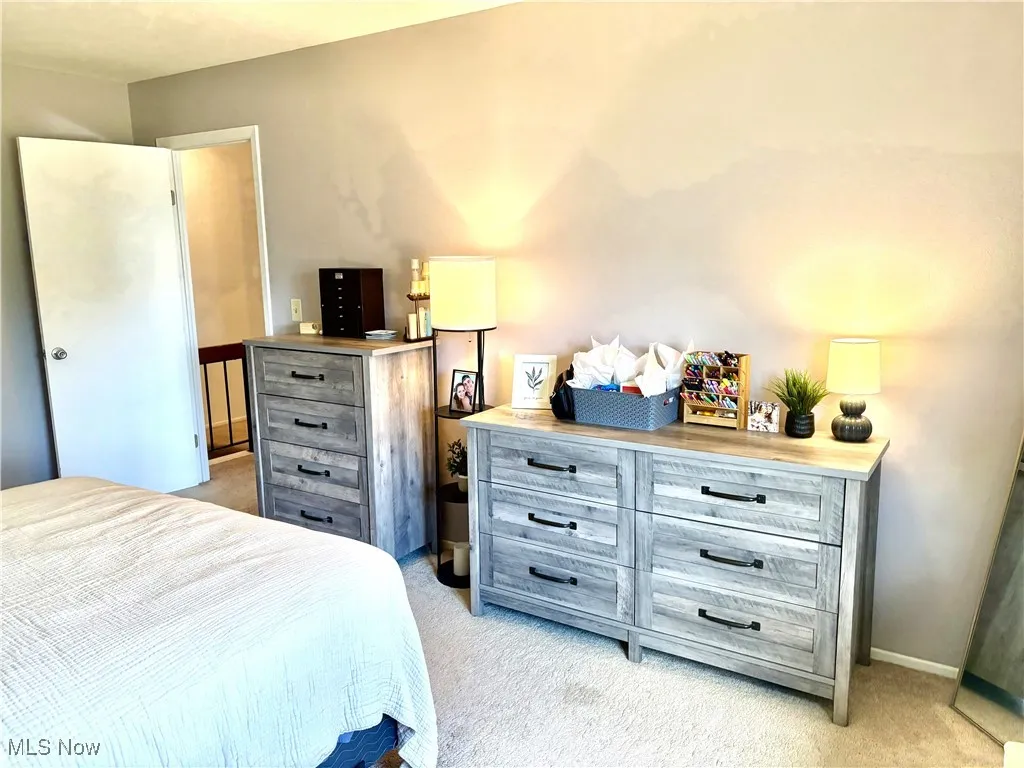 Bedroom with light colored carpet