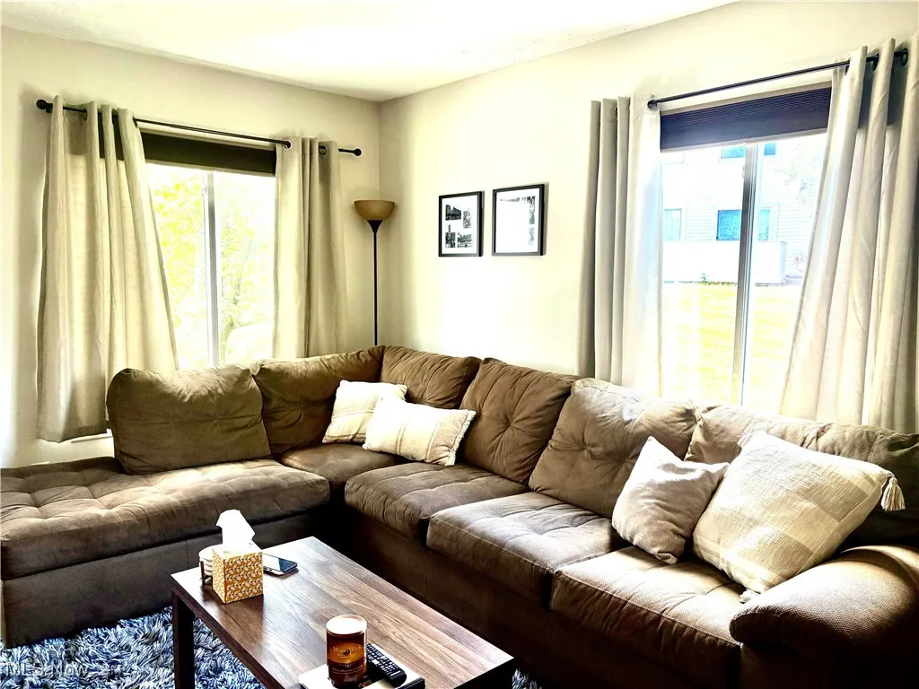 View of living area,  with two windows giving lots of light