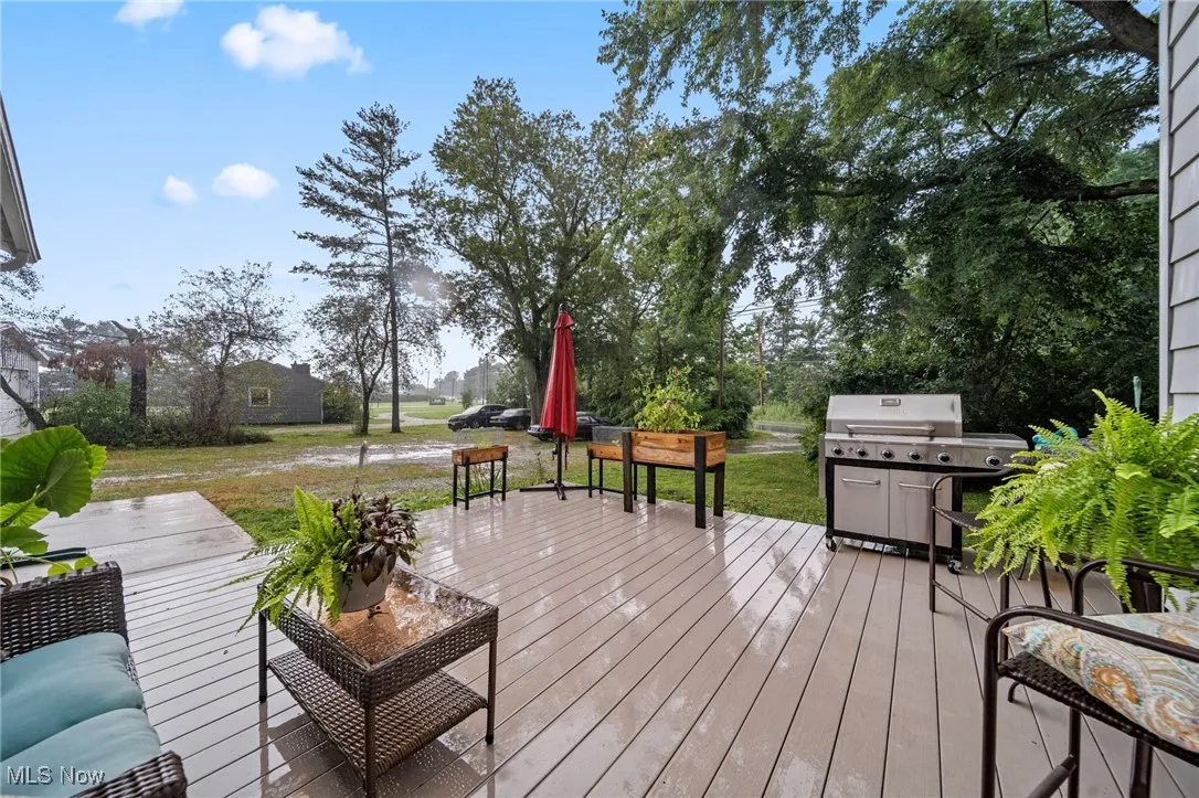 Wooden terrace with a lawn and grilling area