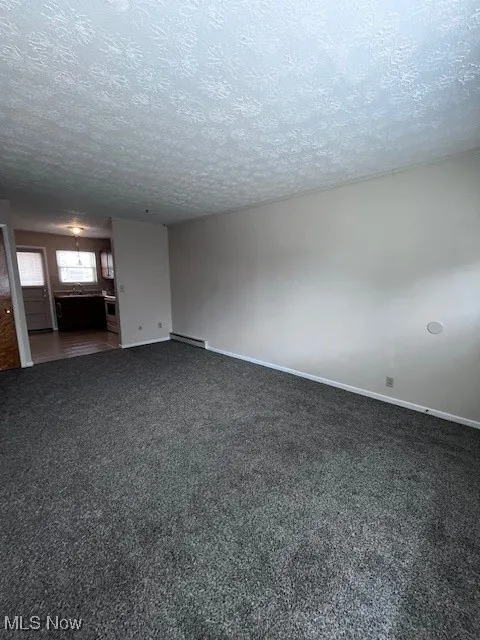 Unfurnished living room featuring a textured ceiling, carpet flooring, and a baseboard heating unit