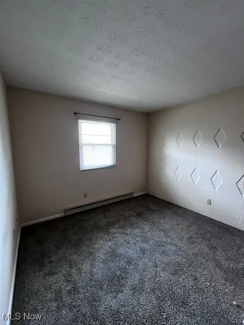 Carpeted spare room with a baseboard radiator and a textured ceiling