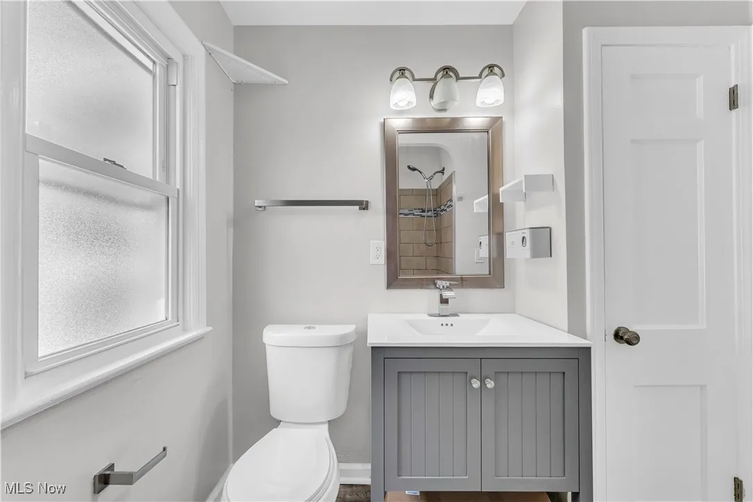 Full bathroom with vanity, healthy amount of natural light, and a shower