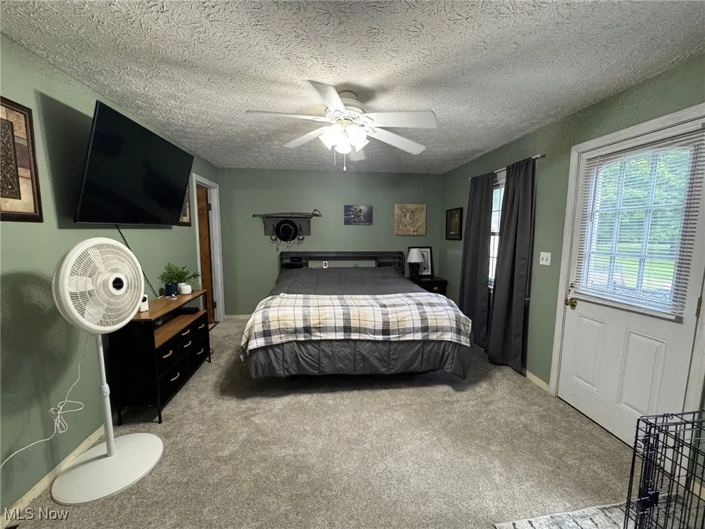 First floor bedroom with new carpet and a ceiling fan