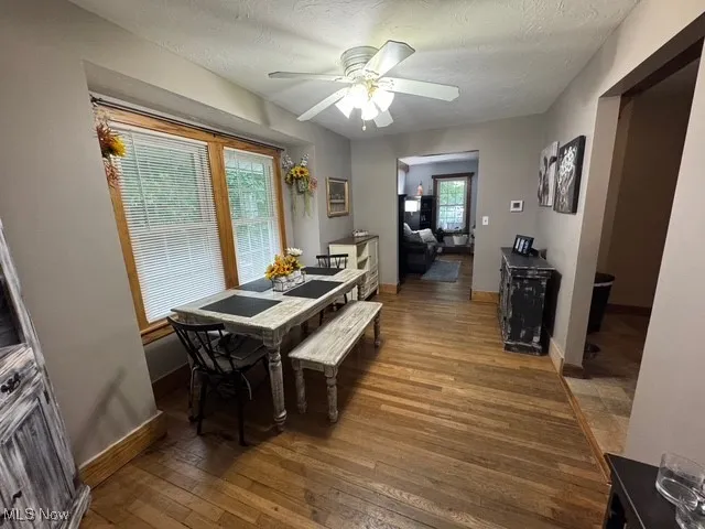 Dining room featuring hardwood / wood-style flooring, a textured ceiling, and a ceiling fan