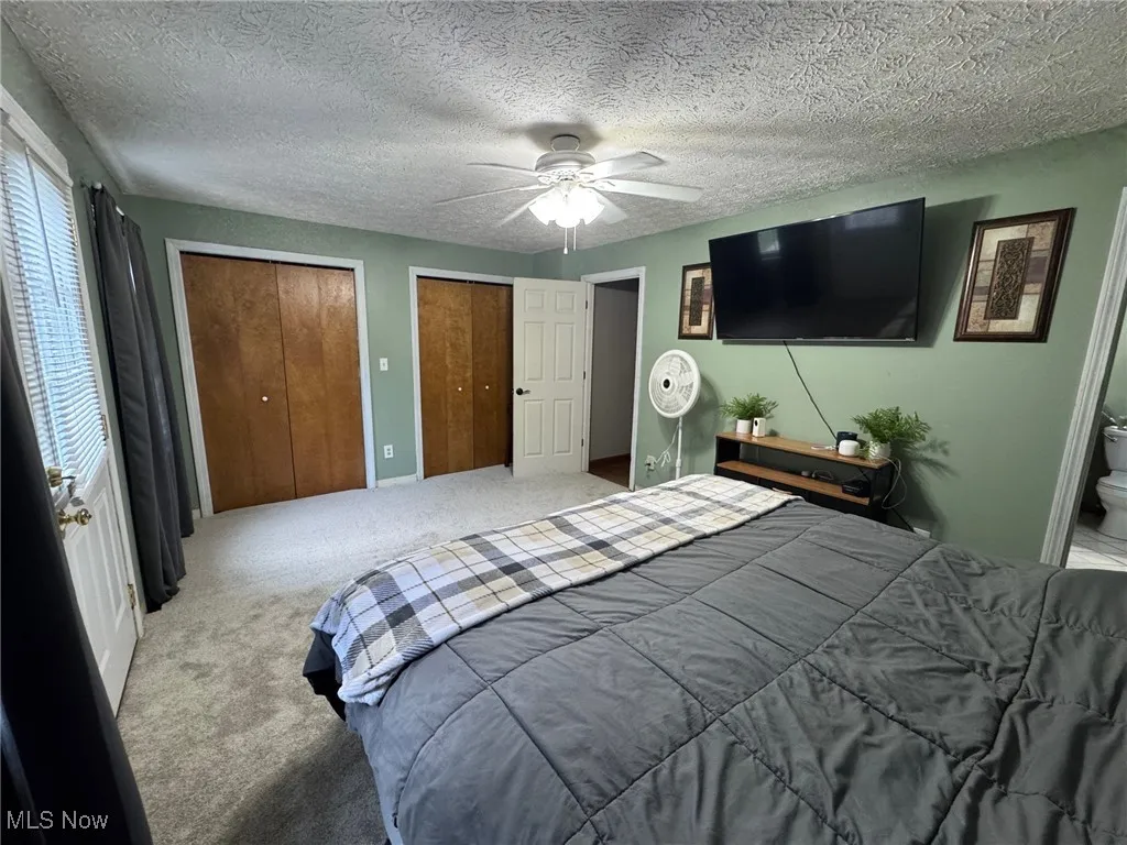 Carpeted bedroom with multiple closets, ceiling fan, and ensuite bathroom