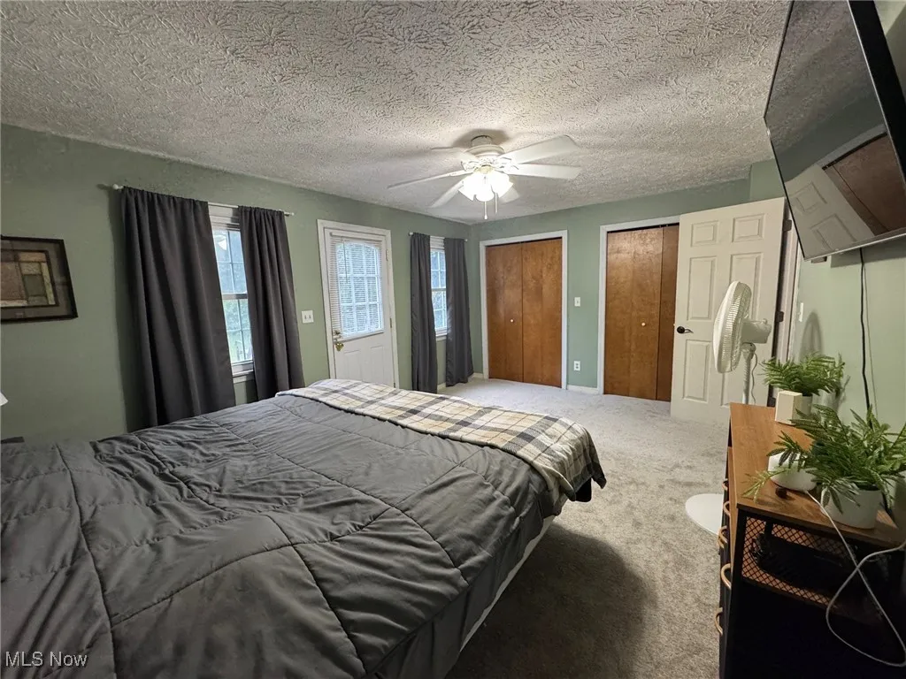 Carpeted bedroom featuring multiple closets and access to rear deck