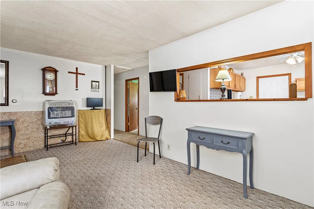 Living room with heating unit, carpet, and a textured ceiling