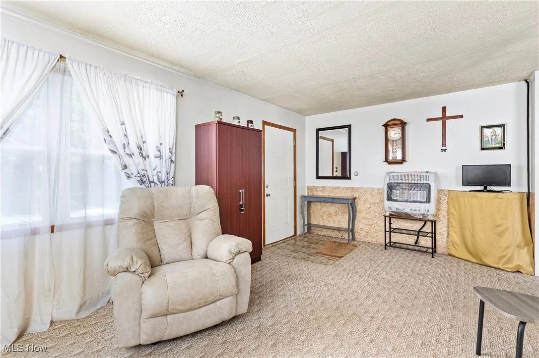 Living area with a textured ceiling, heating unit, and carpet