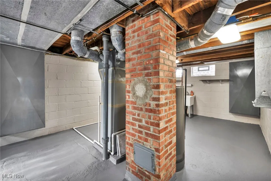 Below grade area with water heater and a sink