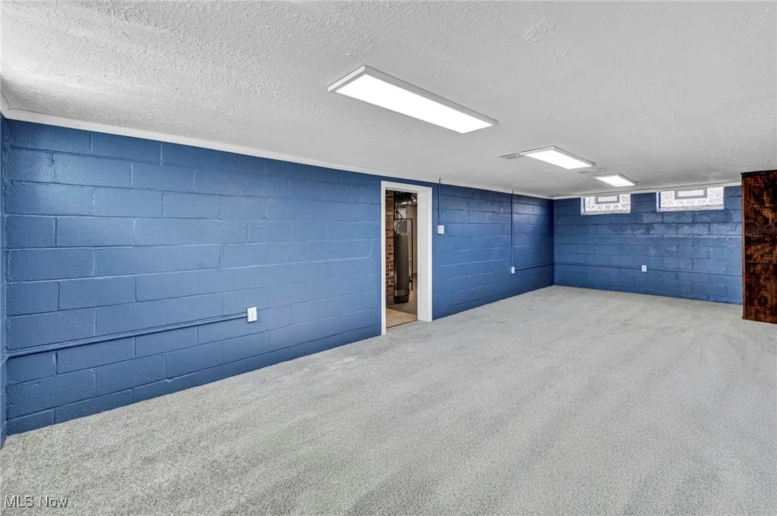 Basement with a textured ceiling and light carpet