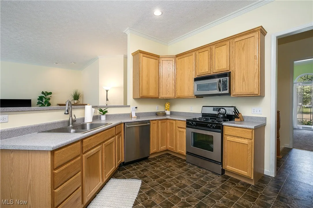 Kitchen featuring stainless steel appliances, a textured ceiling, ornamental molding, a peninsula, and light countertops