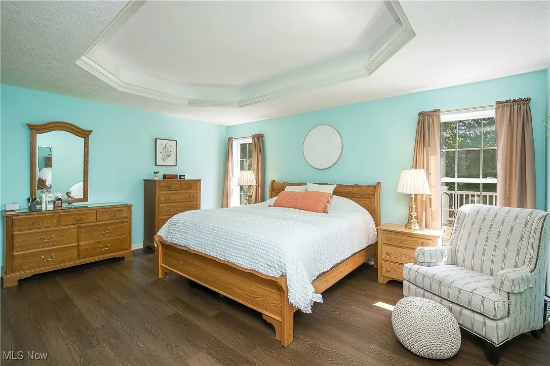 Bedroom with a tray ceiling, multiple windows, and wood finished floors