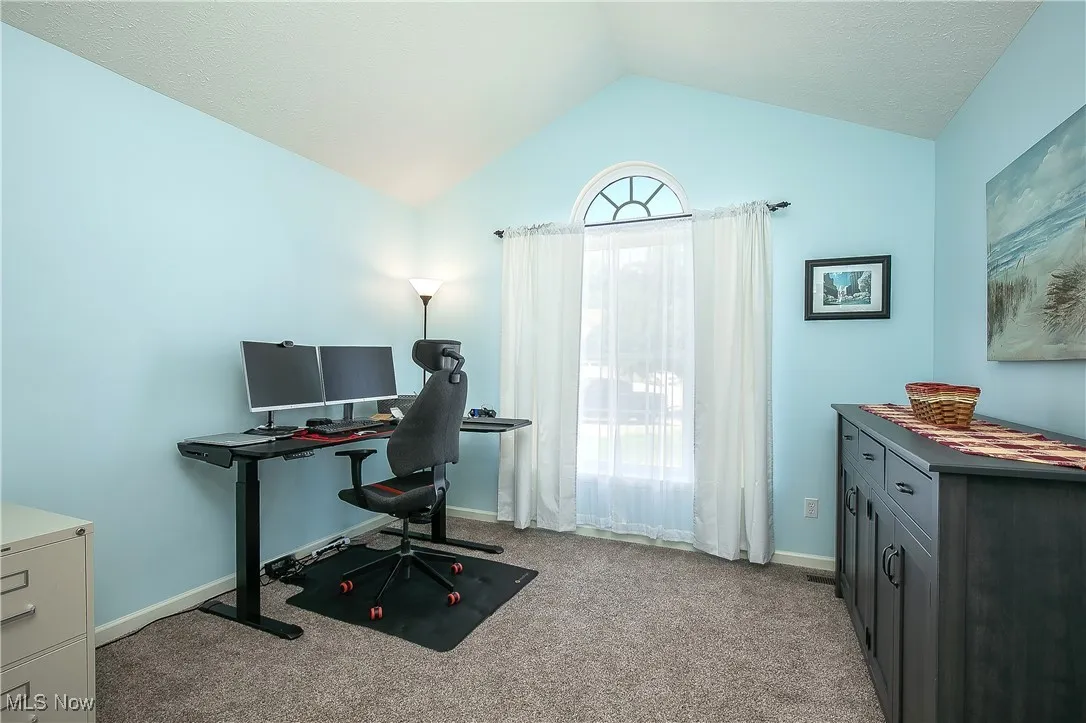 Carpeted office with lofted ceiling and baseboards