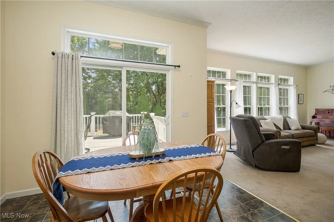 Dining room with crown molding, dark carpet, and dark stone finish floors